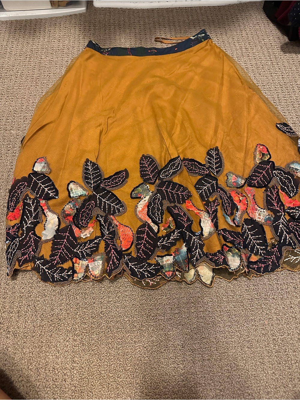 Bhanuni Mustard Floral Appliqué Midi Skirt